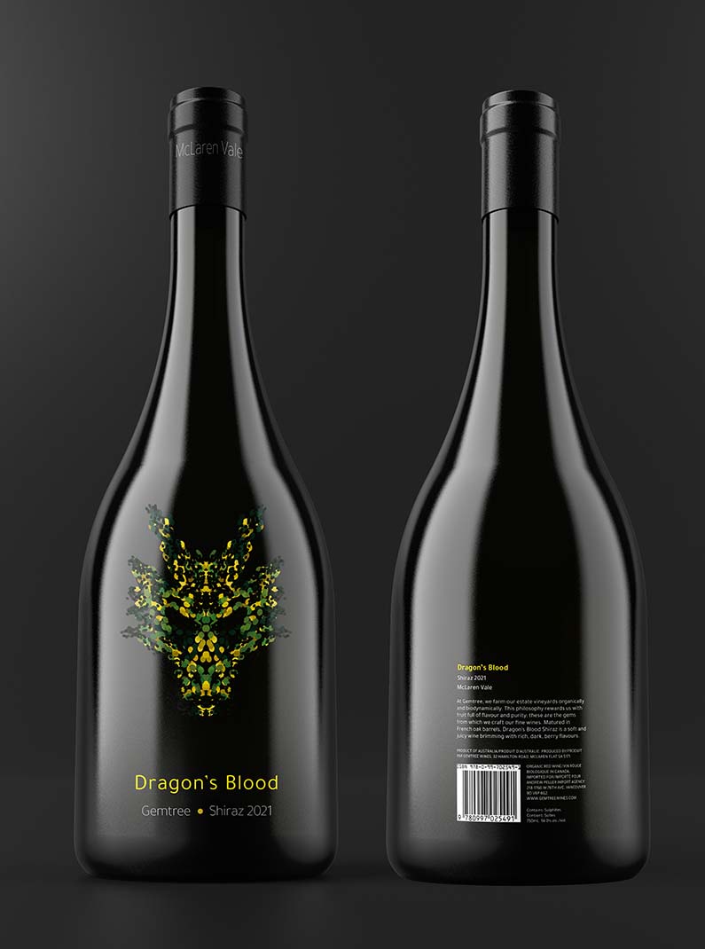 Wine bottle with a dragon face on it.