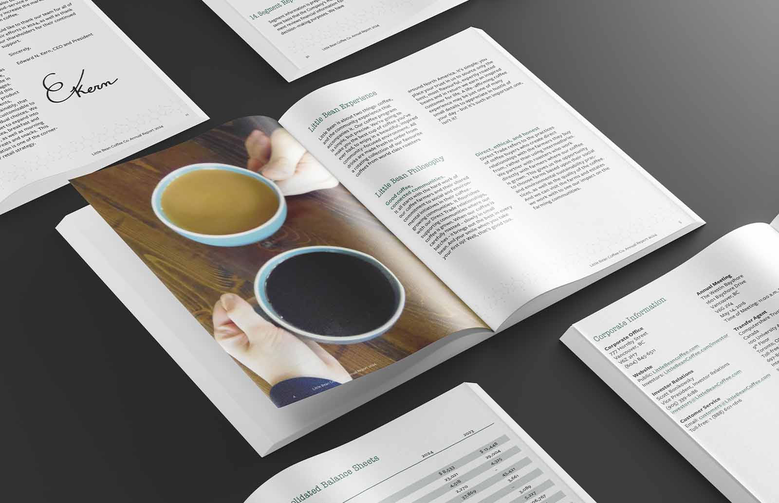 Open book with a photo of coffee and some written text inside.