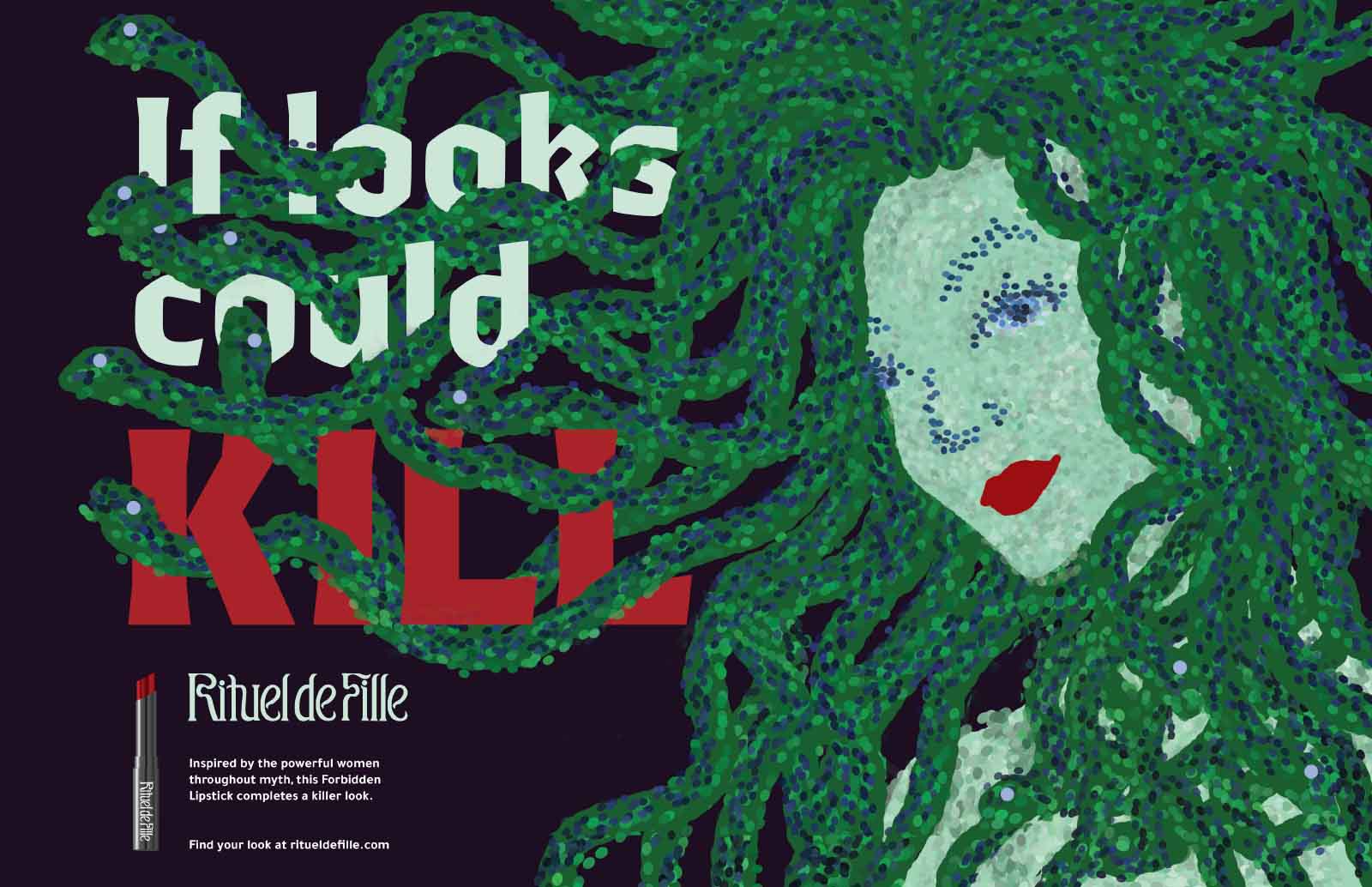 Illustration of Medusa with red liptick, looking at the viewer.