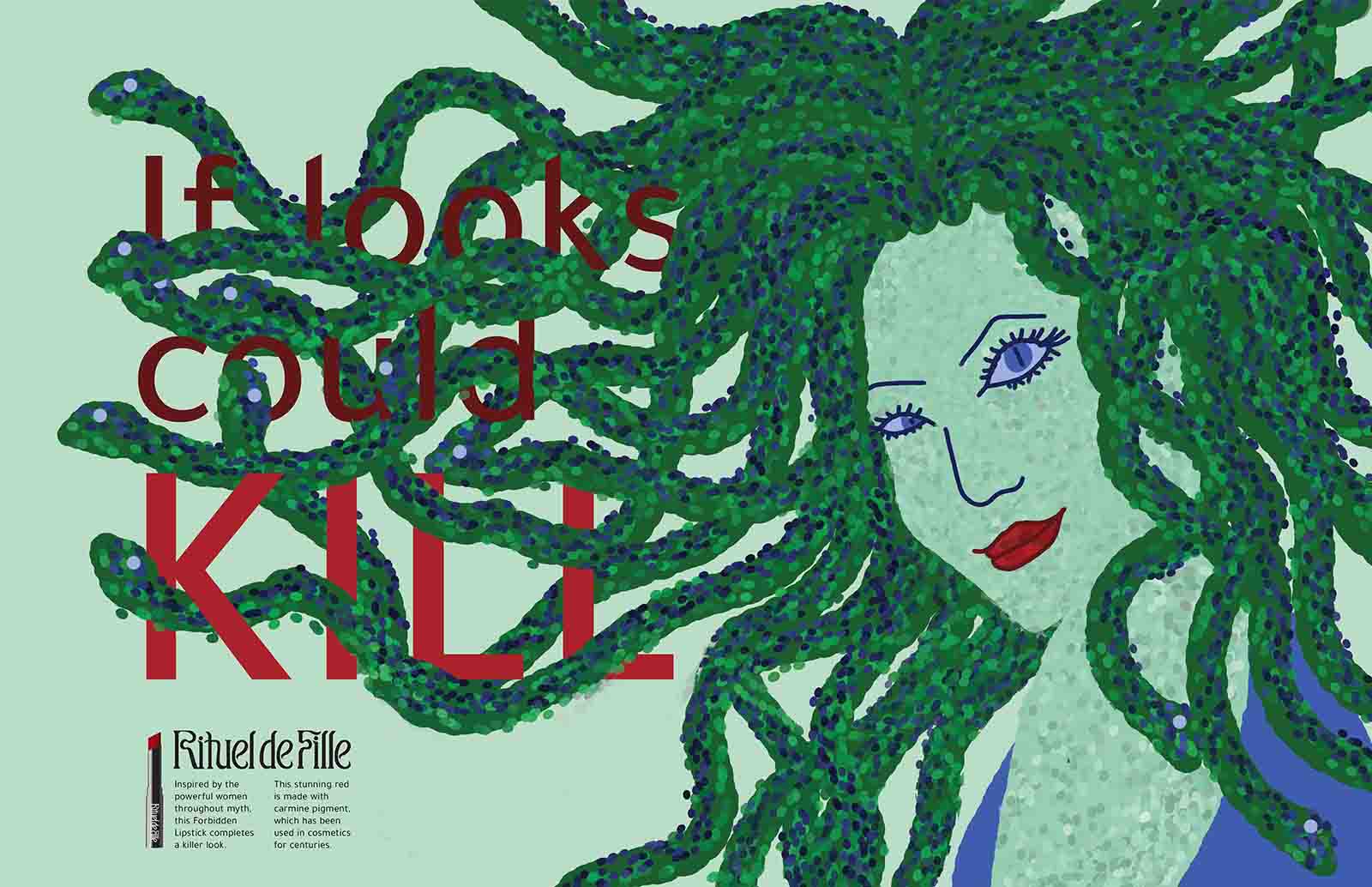 Illustration of Medusa with red liptick, looking at the viewer.