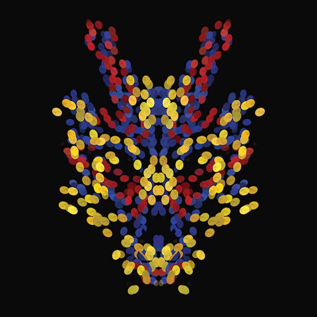 Dragon face made with red, yellow, and blue dots.