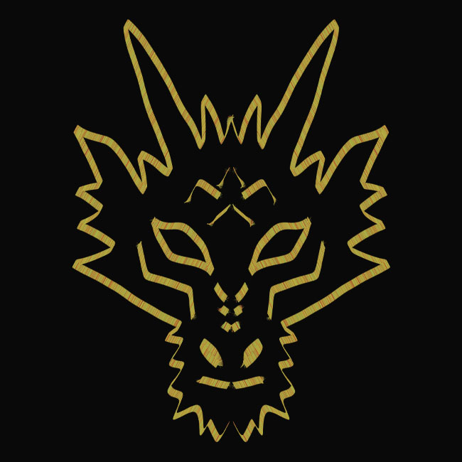Dragon face made with yellow, calligraphic lines.