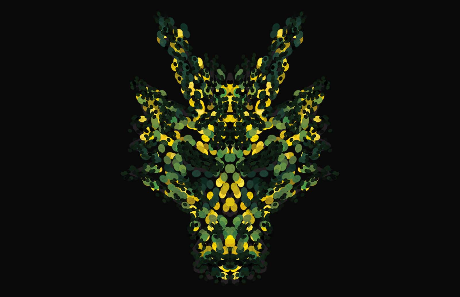 A dragon face made out of green and yellow dots.